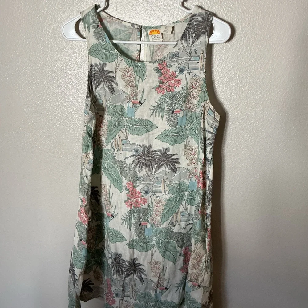 C&C California 100% Linen Tropical Print Shift Dress S Resort Palm Tree Toucan - Picture 3 of 7